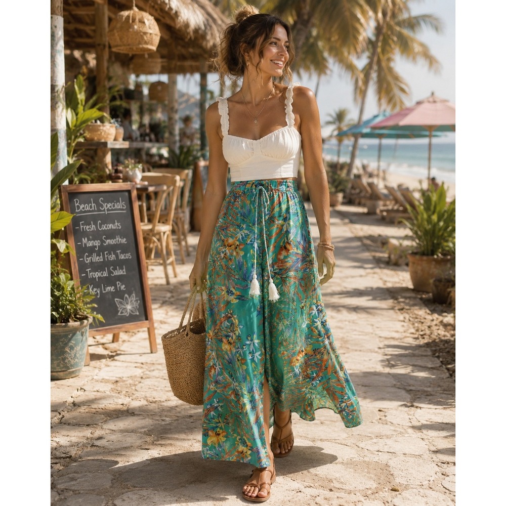 Maxi Skirt Womens XS Green Tropical Floral Tassel Tie Boho Beach Slit Semi Sheer